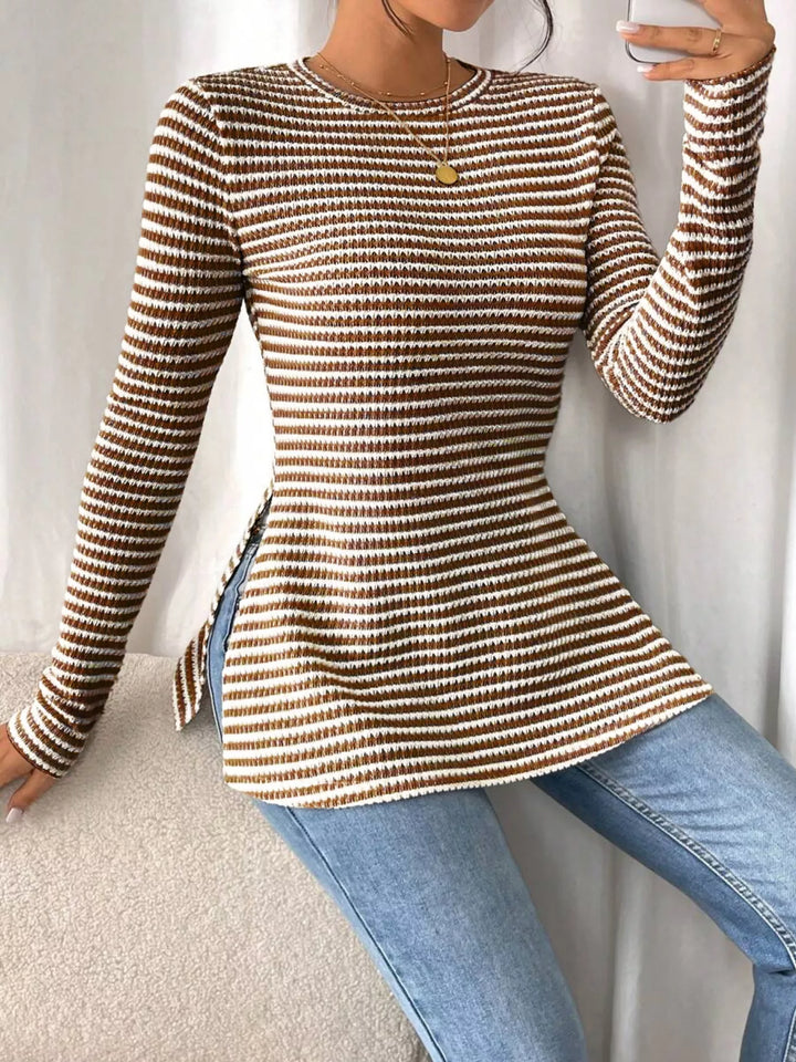 Slit-hem striped textured knit long sleeve top