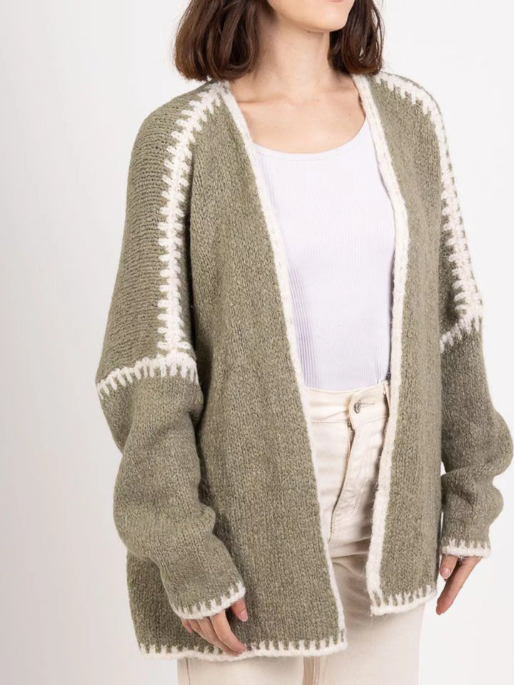 Sage Contrast whipstitch trim open front knit cardigan