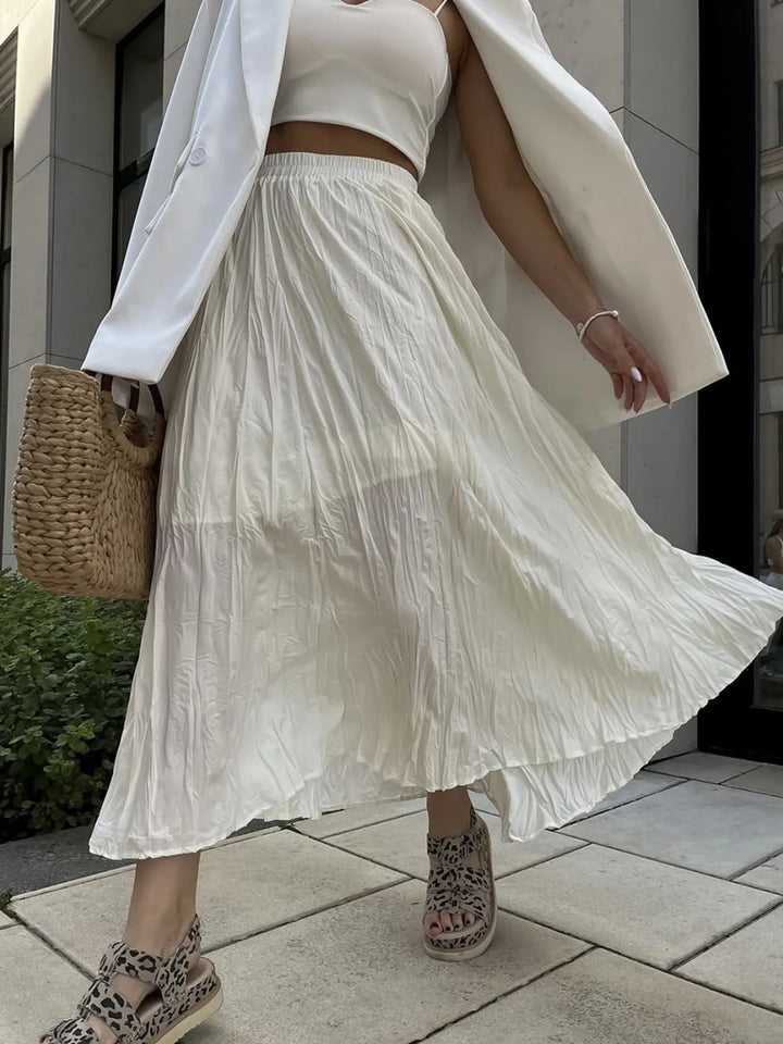 Ivory Crinkle-texture midi skirt with ruched elastic waist