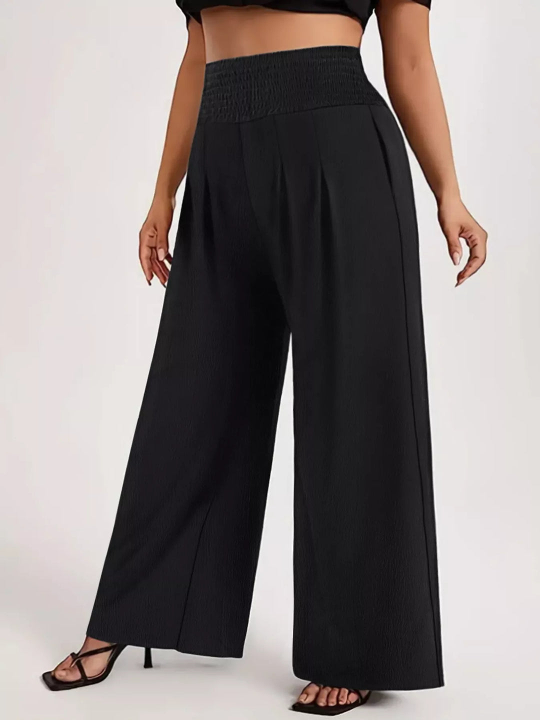 Black Plus-size high-waist smocked wide-leg pants