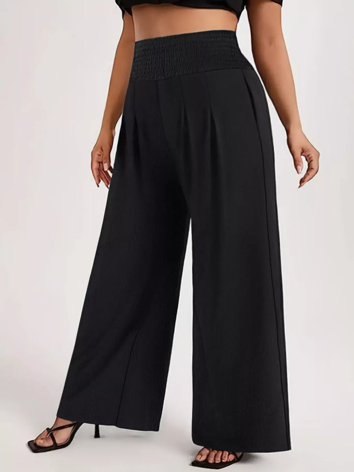 Black Plus-size high-waist smocked wide-leg pants