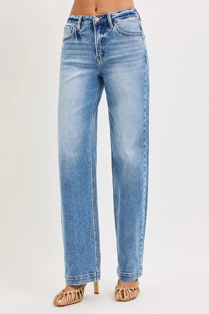 High-rise wide-leg baggy jeans with faded whiskers