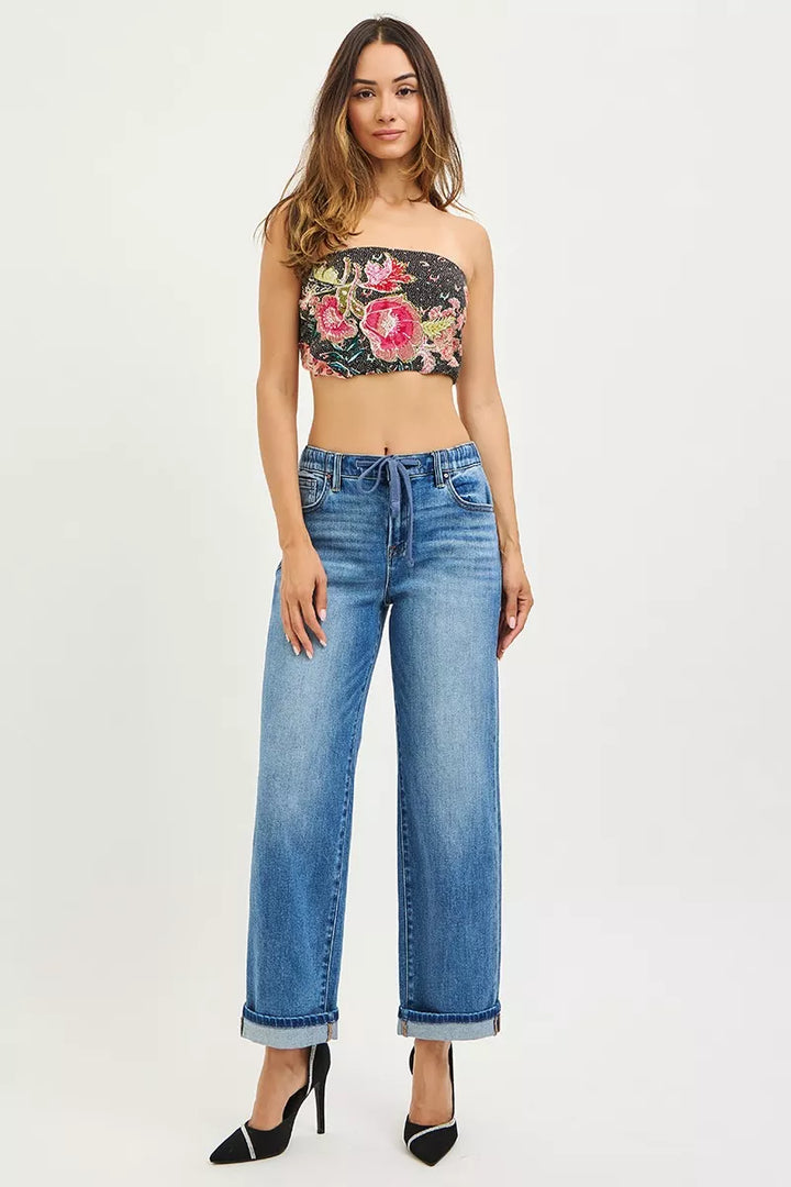 Drawstring slouch boyfriend jeans with cuffed ankle hem