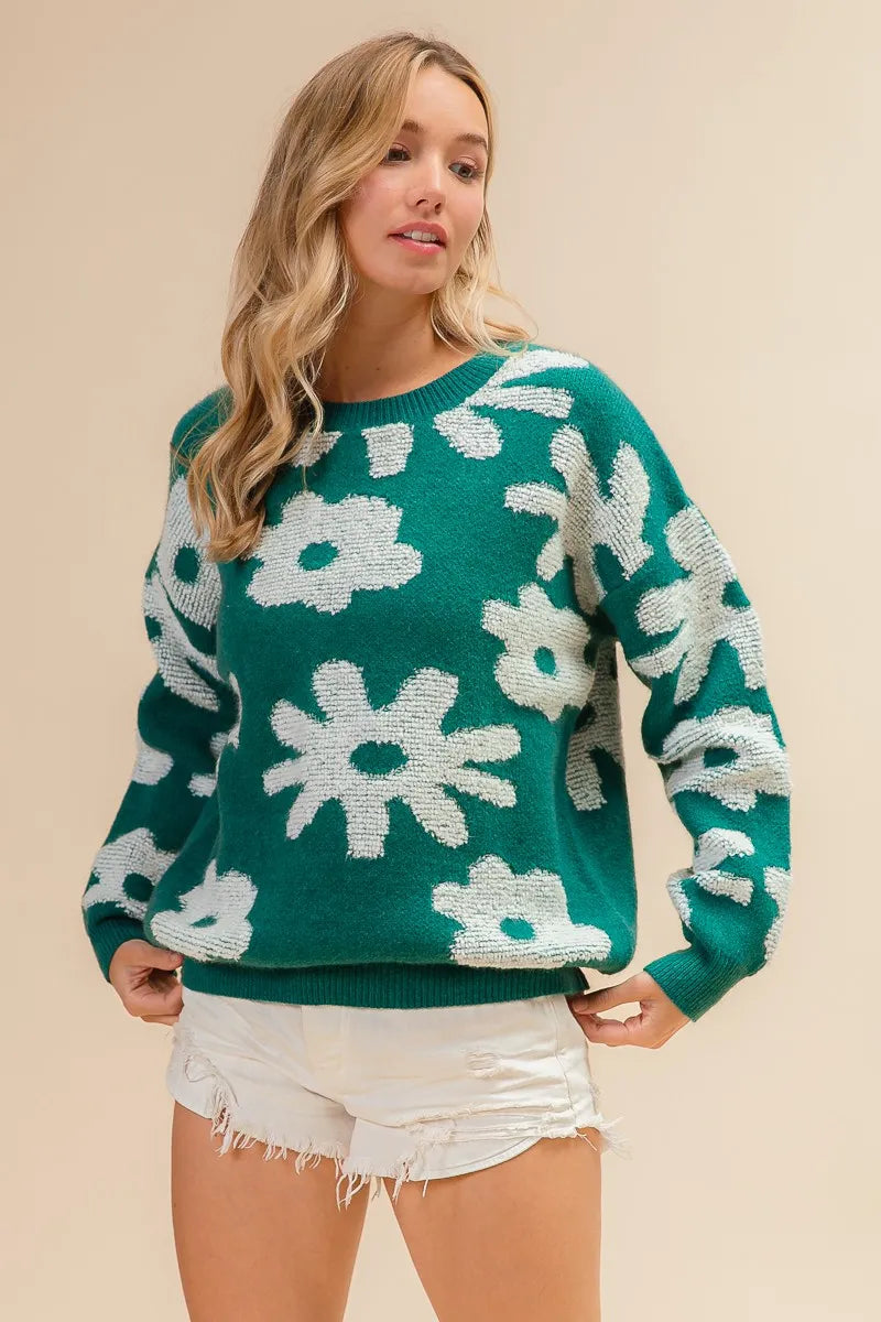 Floral pattern crew neck pullover sweater with long sleeves