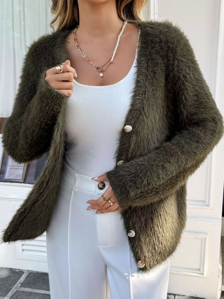 Fuzzy eyelash knit button-front cardigan with pearl buttons