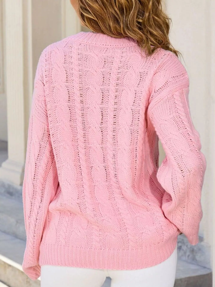 Openwork cable knit long sleeve crew neck sweater