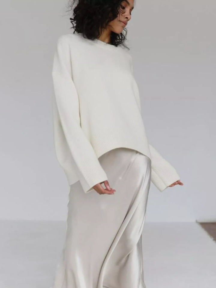 Oversized ribbed-hem drop-shoulder crewneck sweater