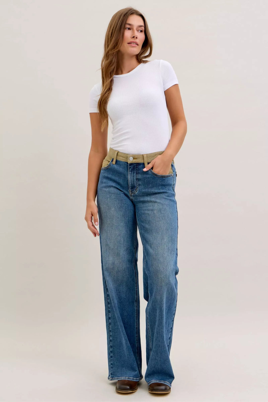 Mid-rise straight leg jeans with corduroy waistband