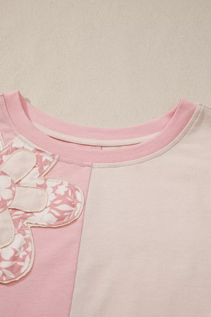Color block tee with floral appliqué patches