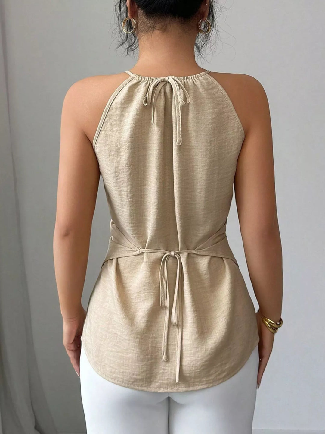 Crisscross wrap halter cami with bead neckline detail