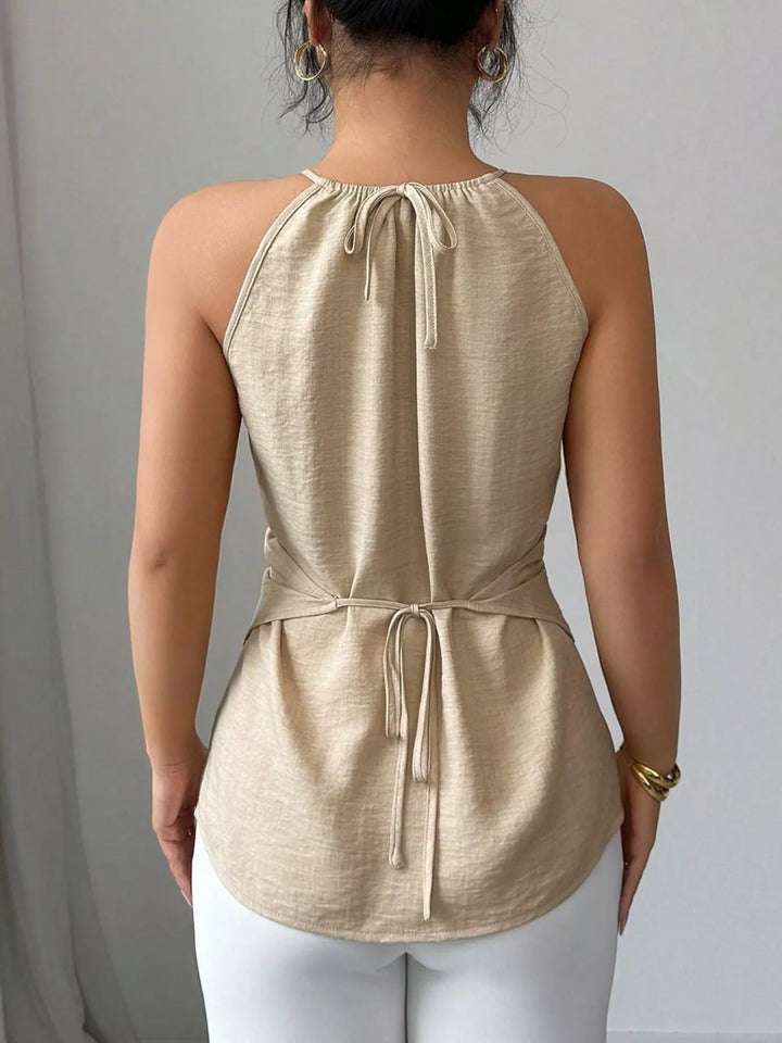 Crisscross wrap halter cami with bead neckline detail