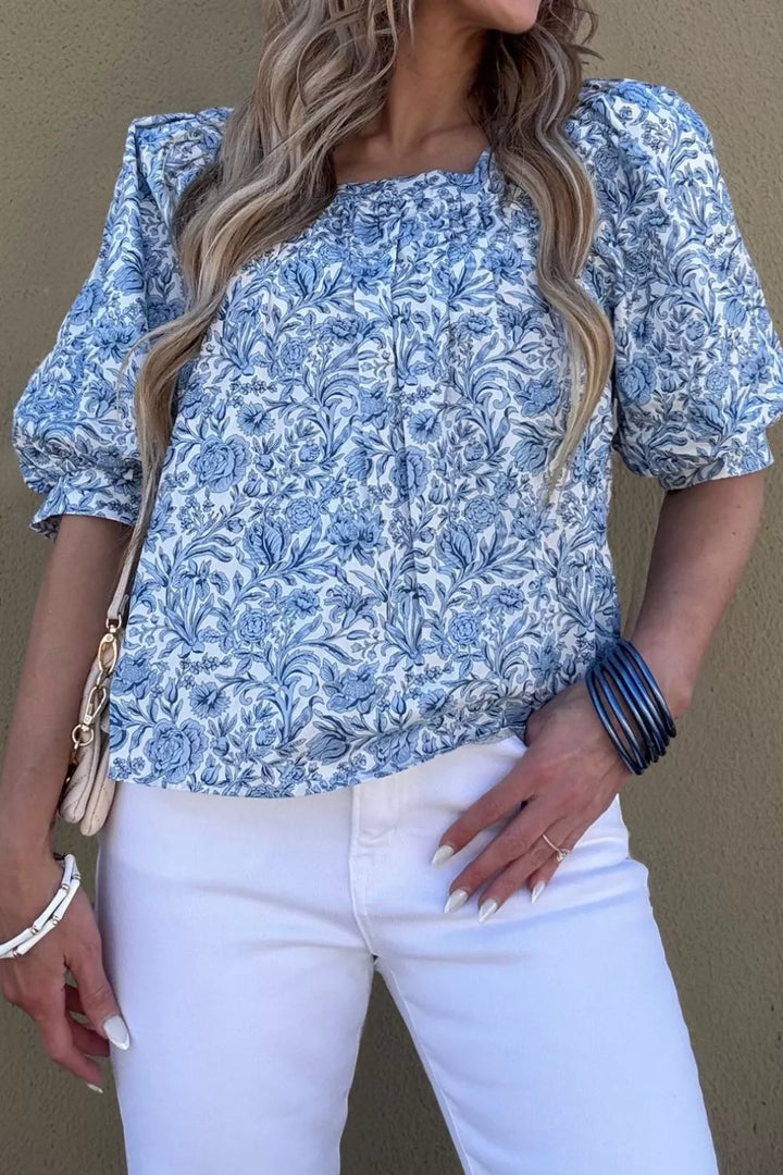 Square neck floral print puff sleeve blouse