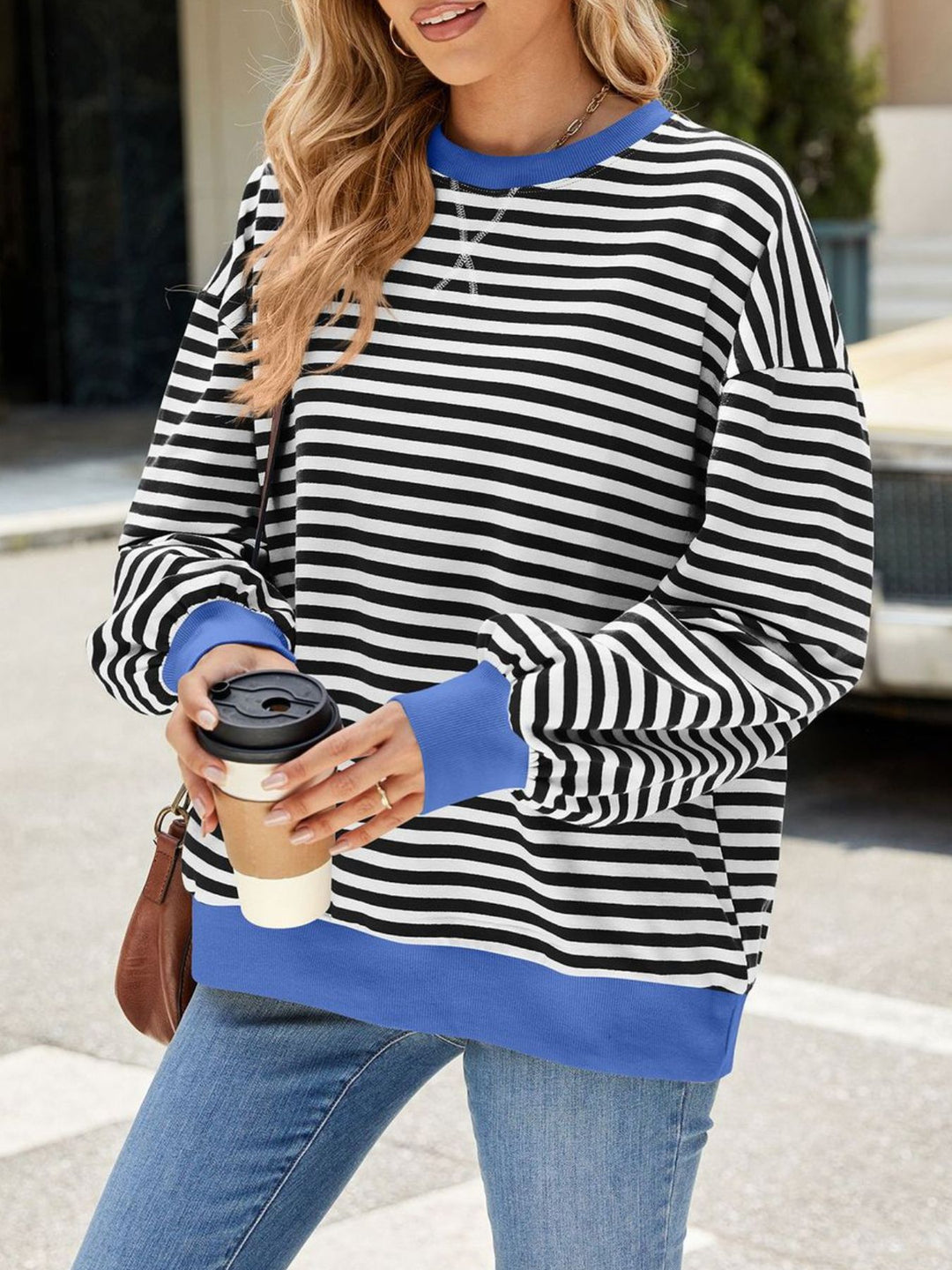 Striped crew neck sweatshirt with contrast ribbed trim