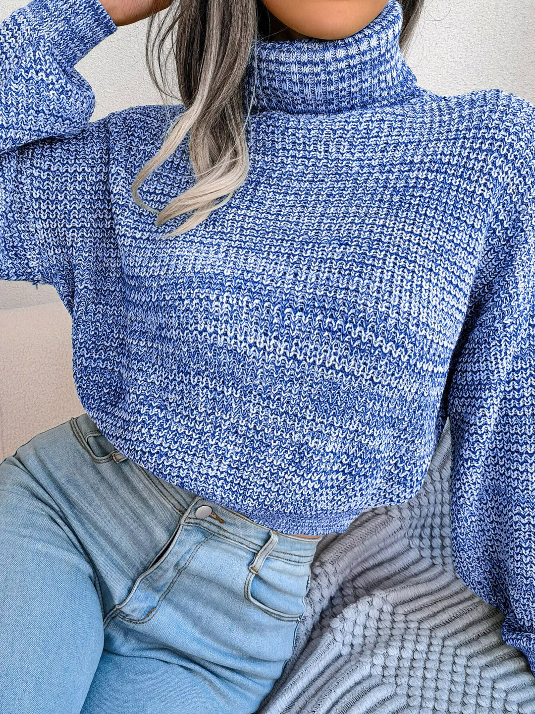 Waffle knit turtleneck sweater with dropped shoulders