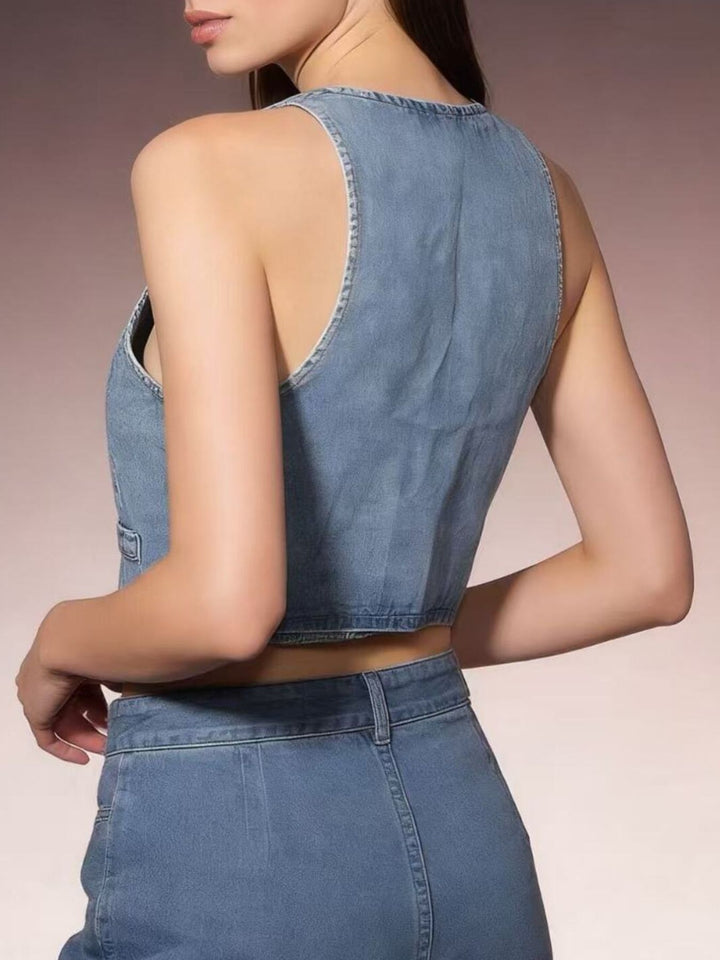 Cropped button-front denim vest with V-neck