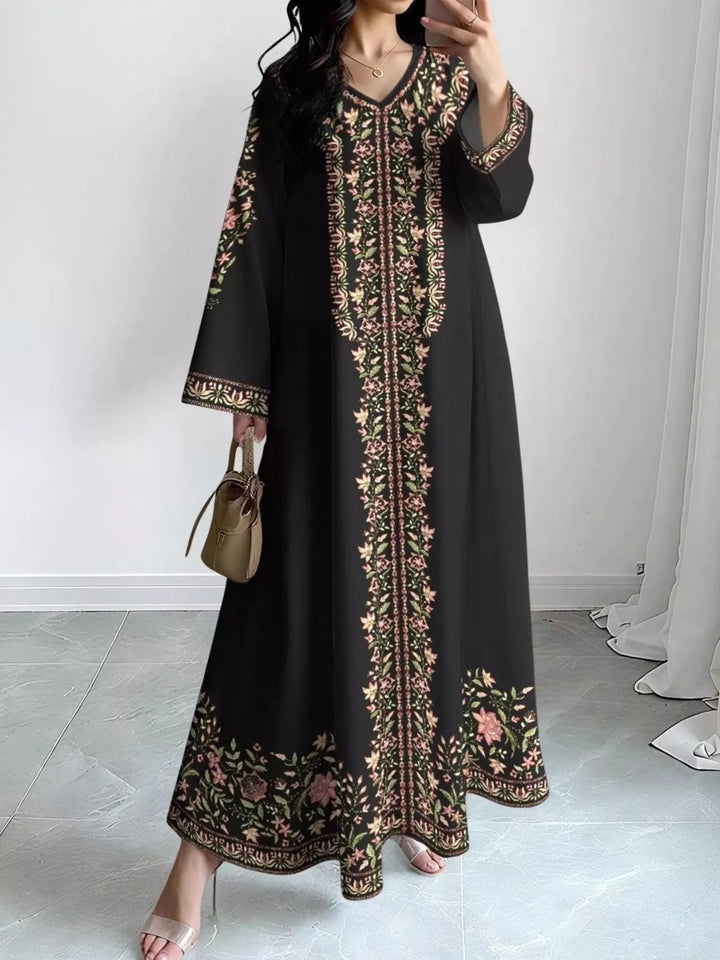 Black Floral border print V-neck long sleeve maxi dress