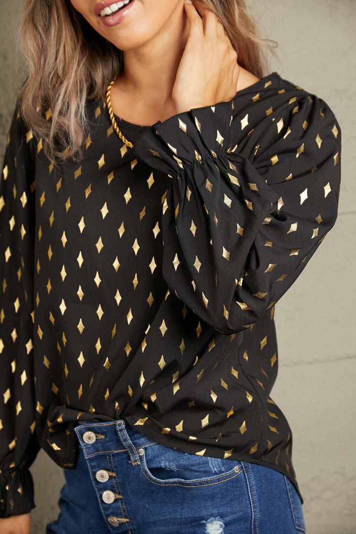 Metallic gold geometric print flounce sleeve blouse