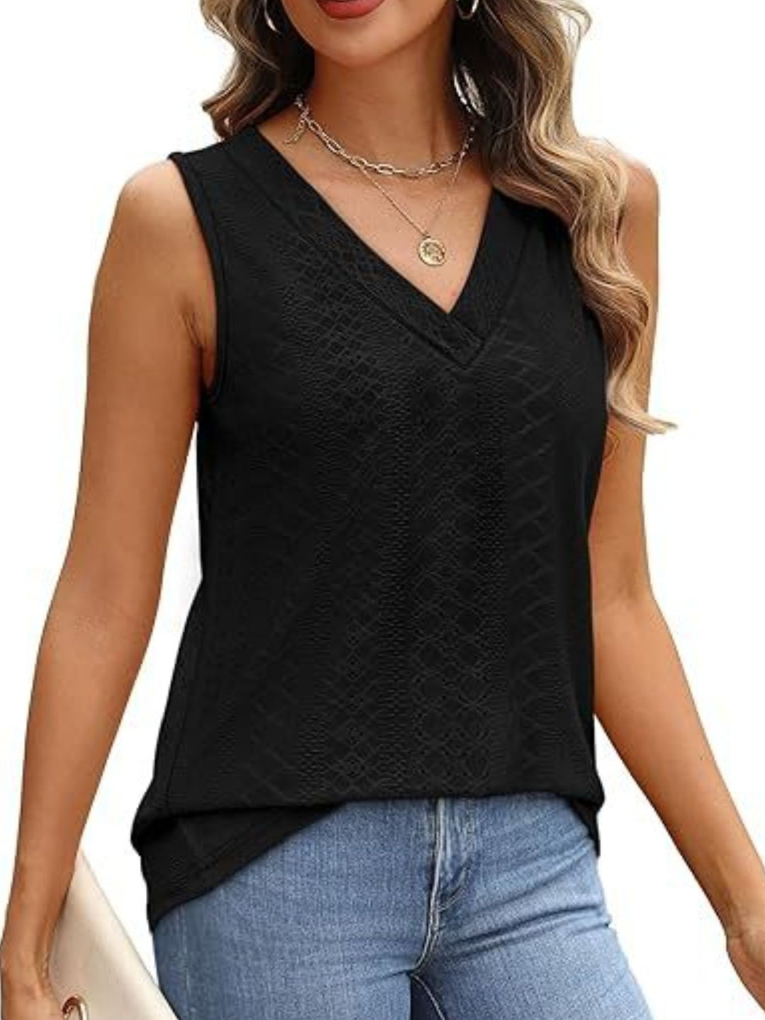 Eyelet V-neck sleeveless tank with diamond texture