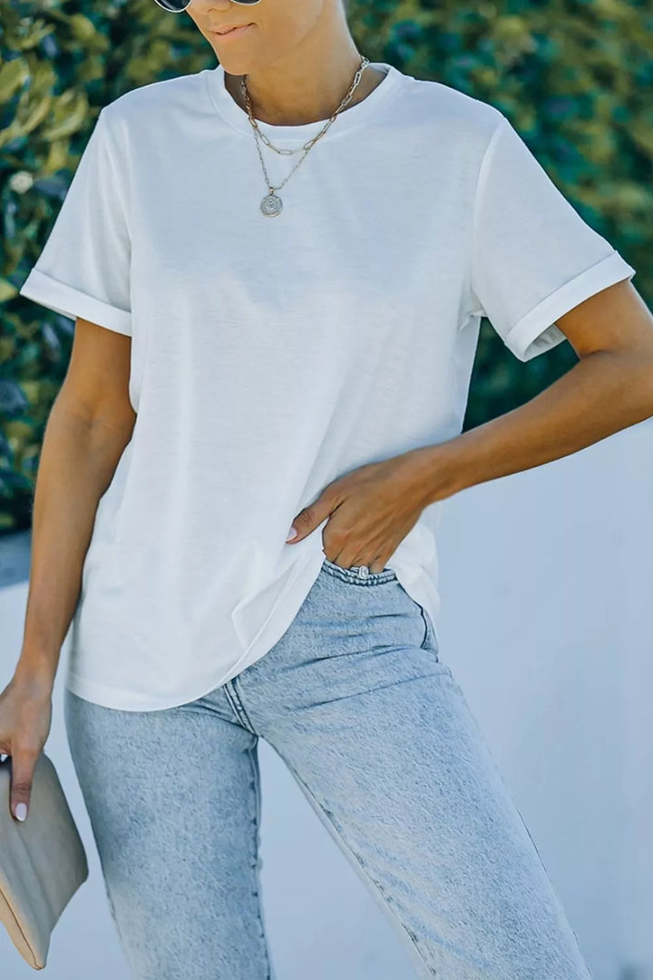 White Rolled-sleeve crew neck tee with curved hem