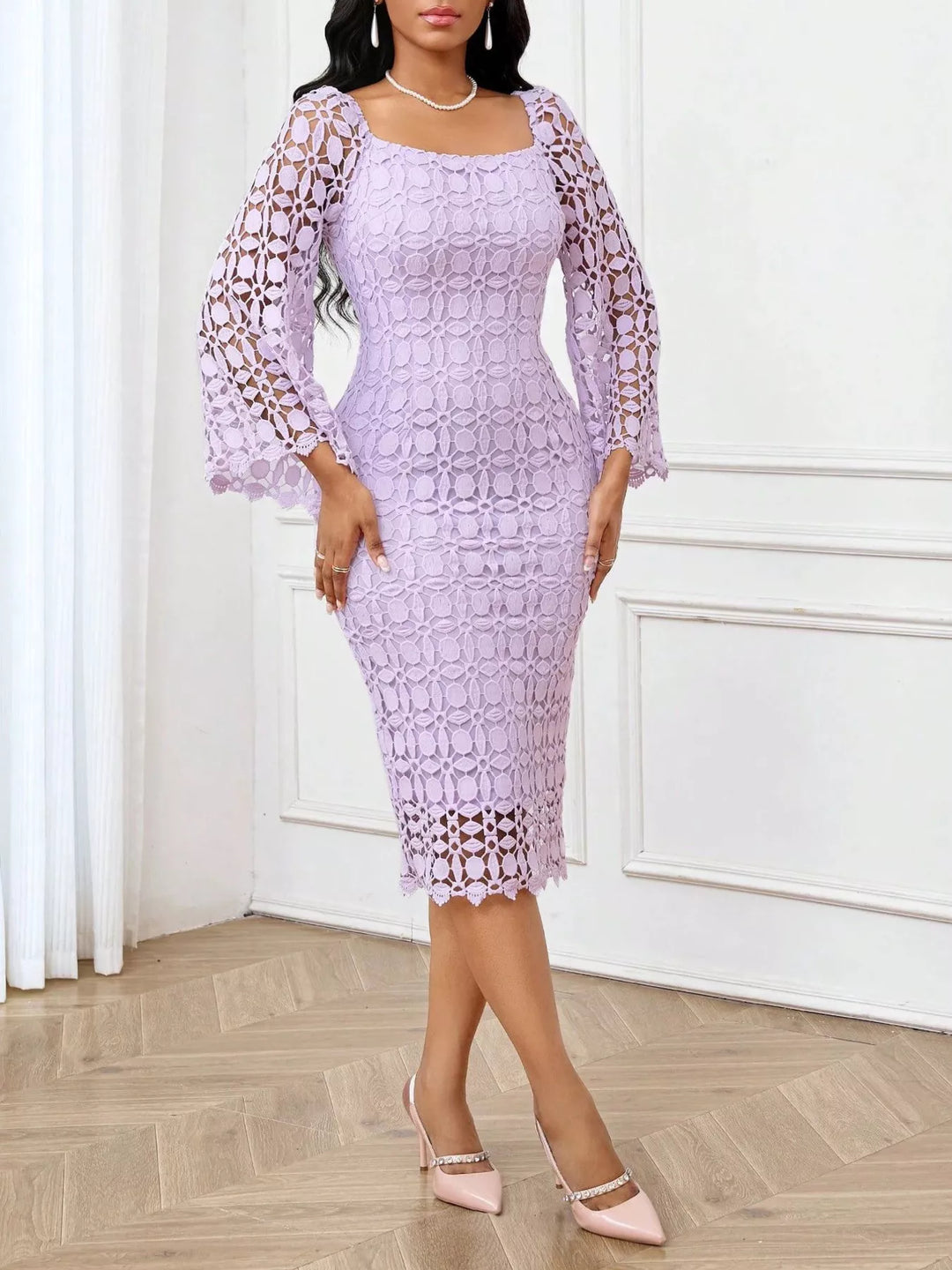 Light Purple Floral lace bell-sleeve midi dress with square neck