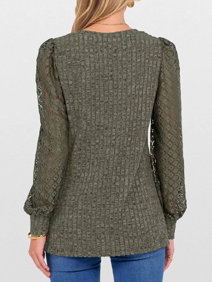 Sheer lace sleeve ribbed knit V-neck top