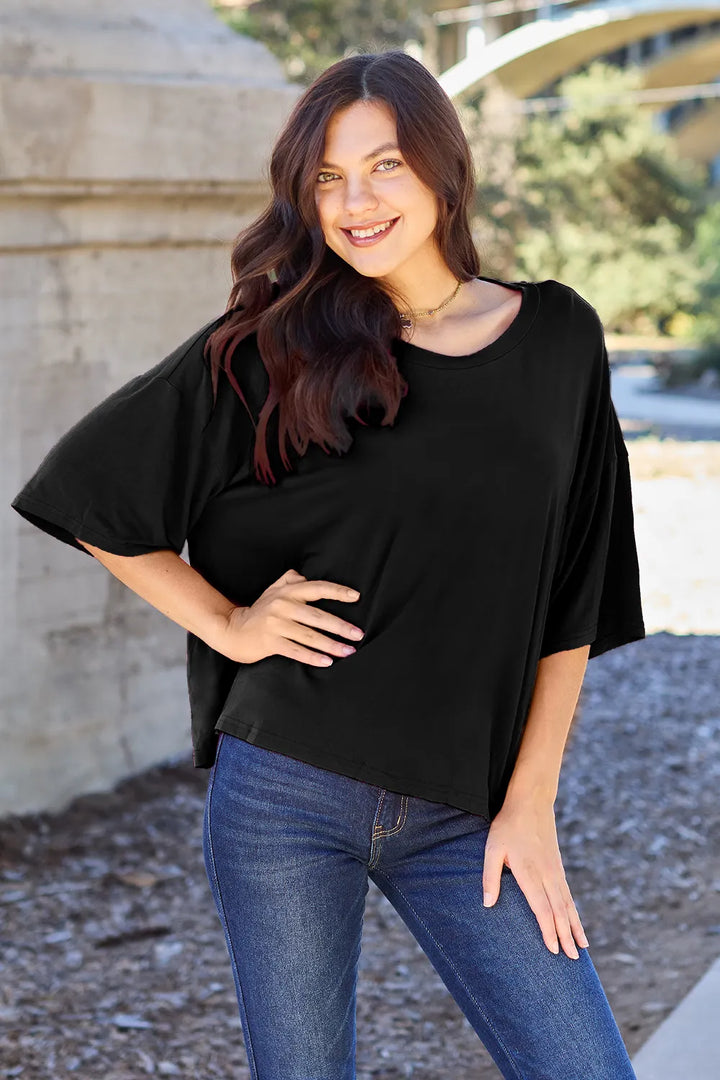 Black Boxy drop-shoulder round neck bamboo tee