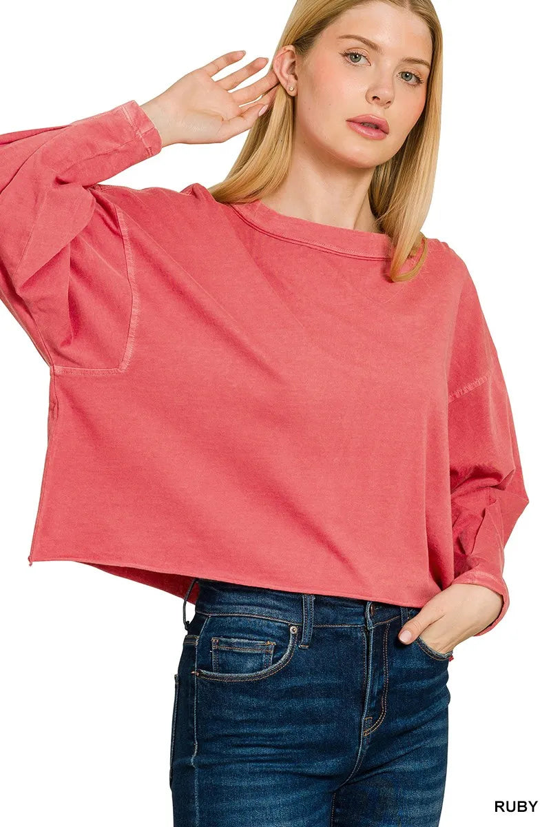 RUBY Pigment-dyed oversized cropped long-sleeve top