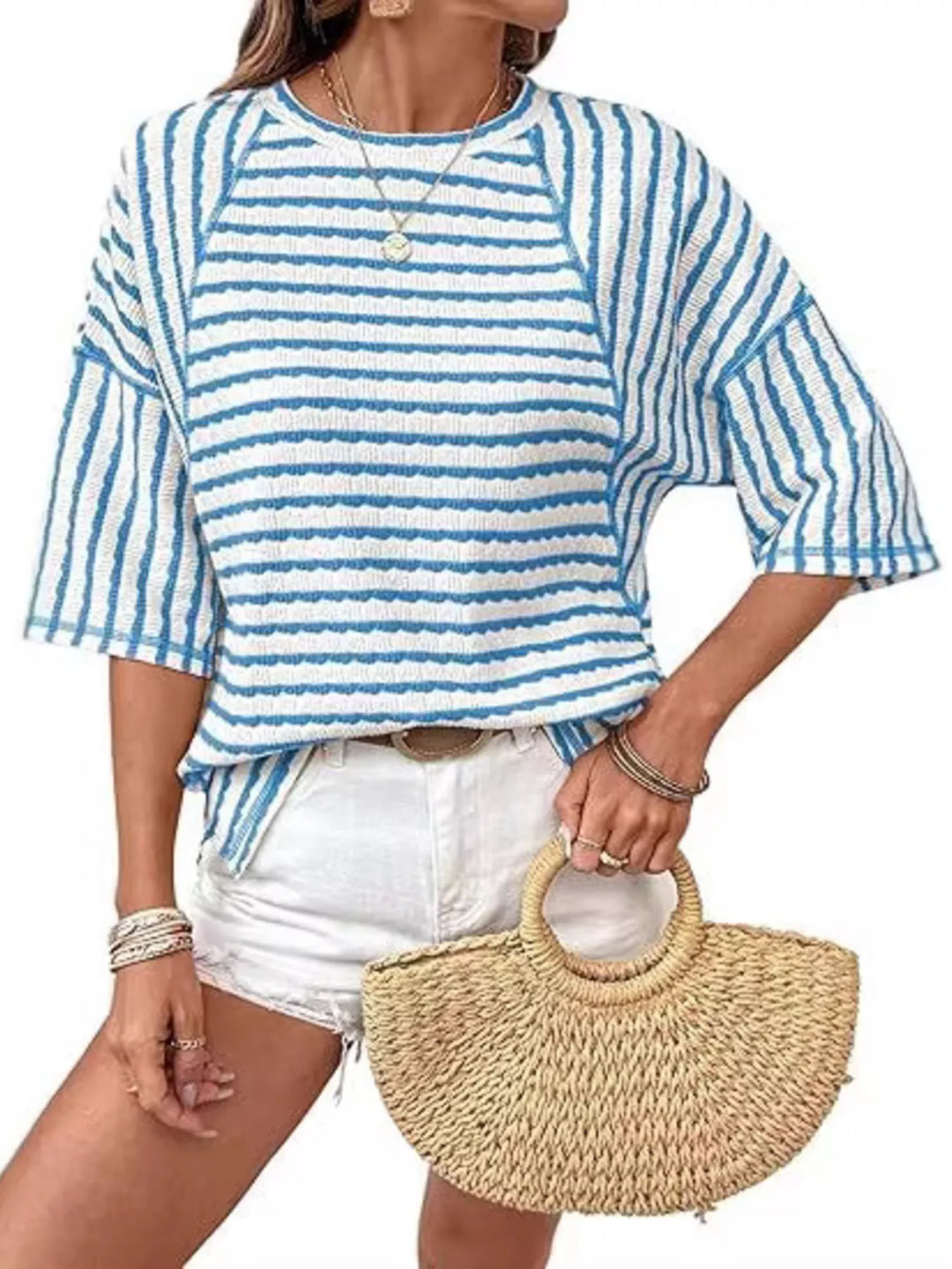 Striped ribbed knit short sleeve crew neck top