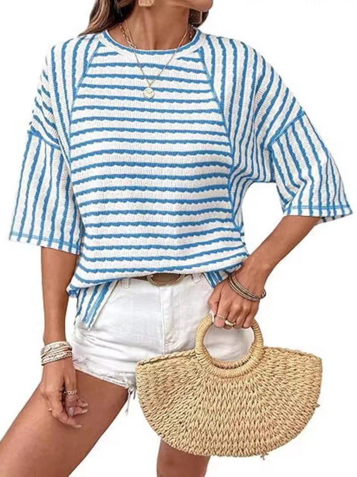 Striped ribbed knit short sleeve crew neck top