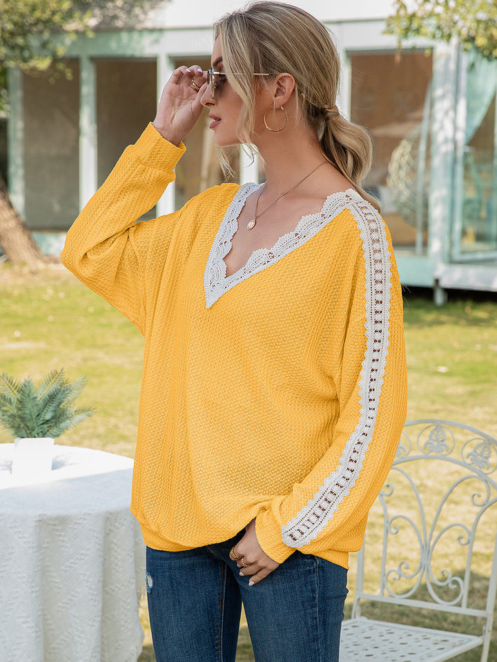 Gold Contrast lace-trim waffle knit V-neck top