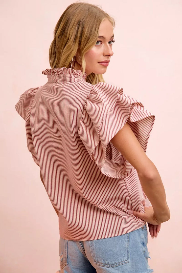 Striped tie-neck blouse with tiered ruffle sleeves