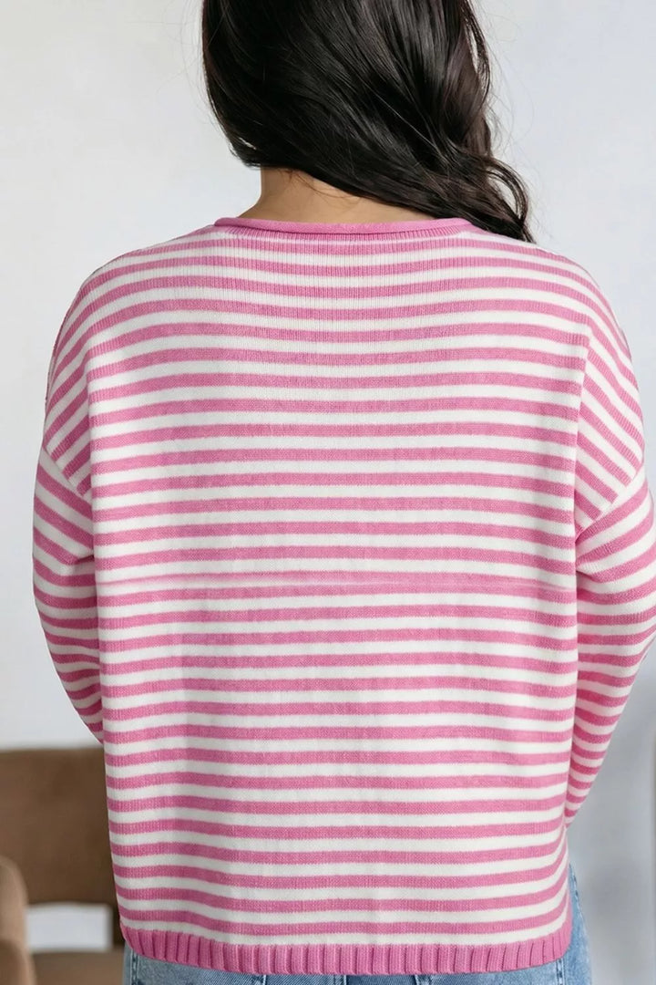 Striped drop shoulder henley sweater with button placket