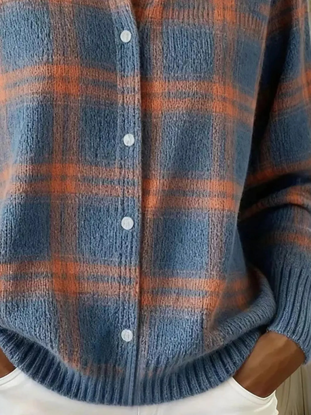Plaid button-down knit cardigan with ribbed cuffs and hem