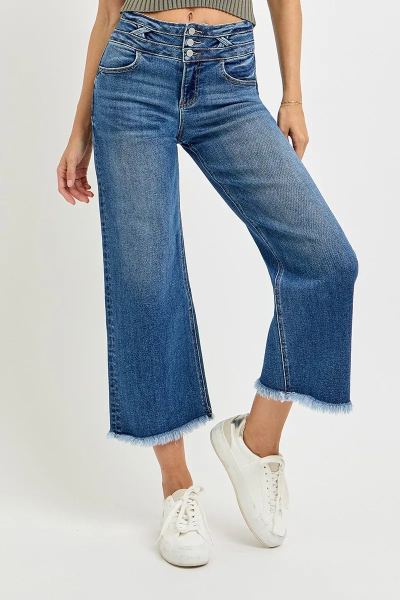 High-rise crop wide-leg jeans with crosshatch band and raw hem