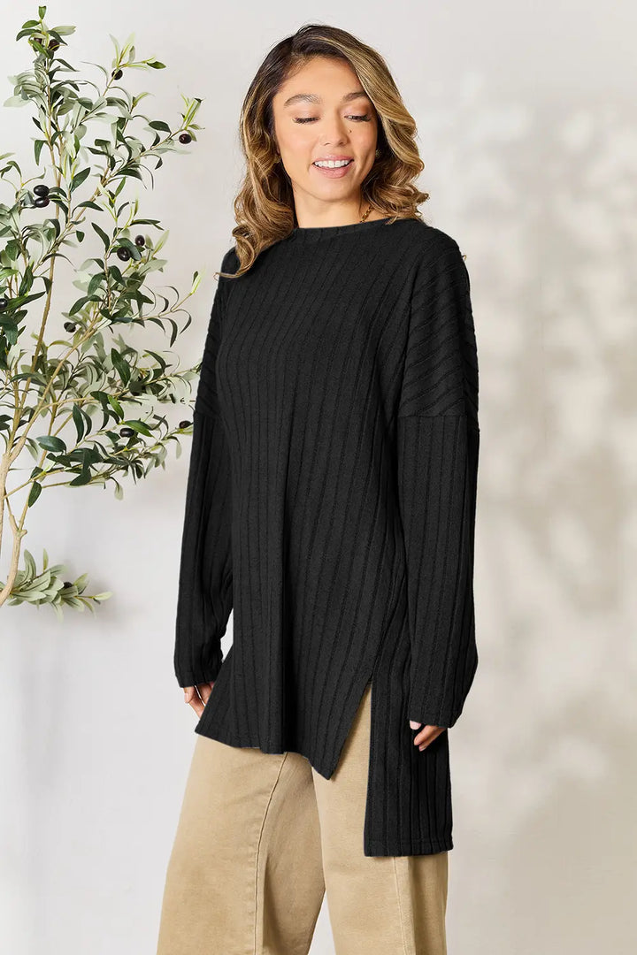 Ribbed knit long sleeve tunic top with side slits
