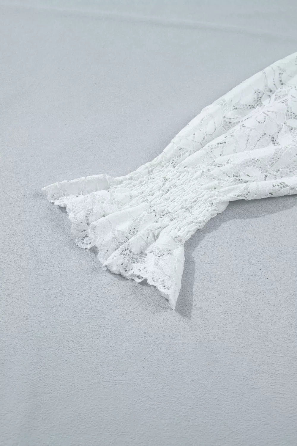 Sheer floral lace blouse with ruffle mock neck and flounce sleeves