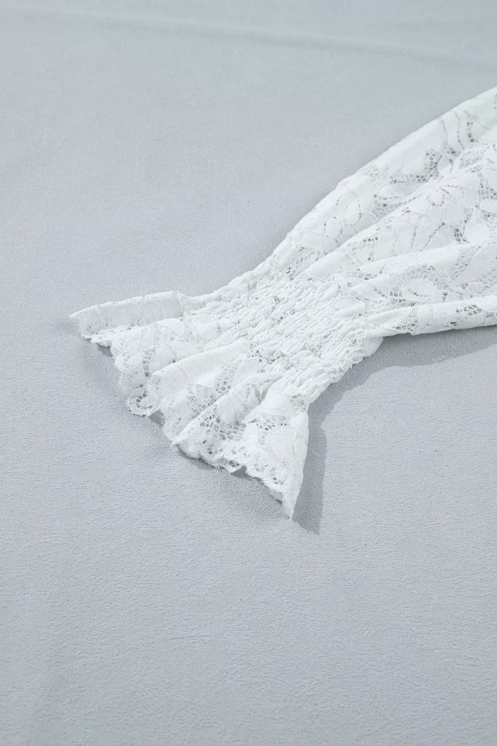 Sheer floral lace blouse with ruffle mock neck and flounce sleeves