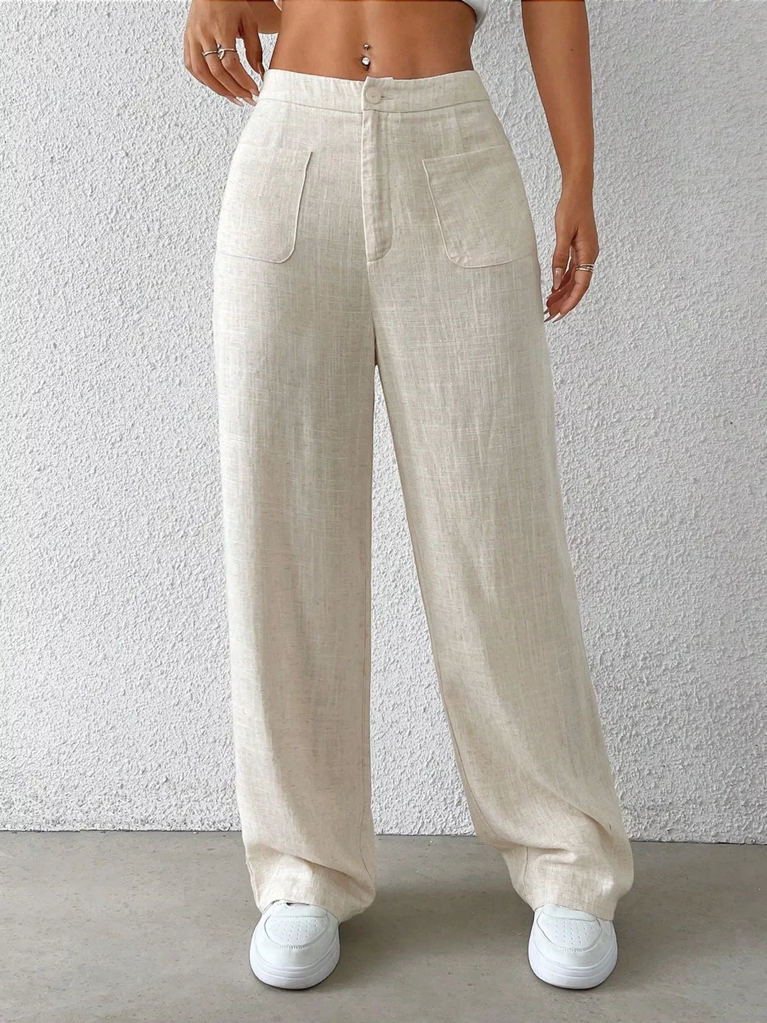High-rise wide-leg linen blend pants with patch pockets