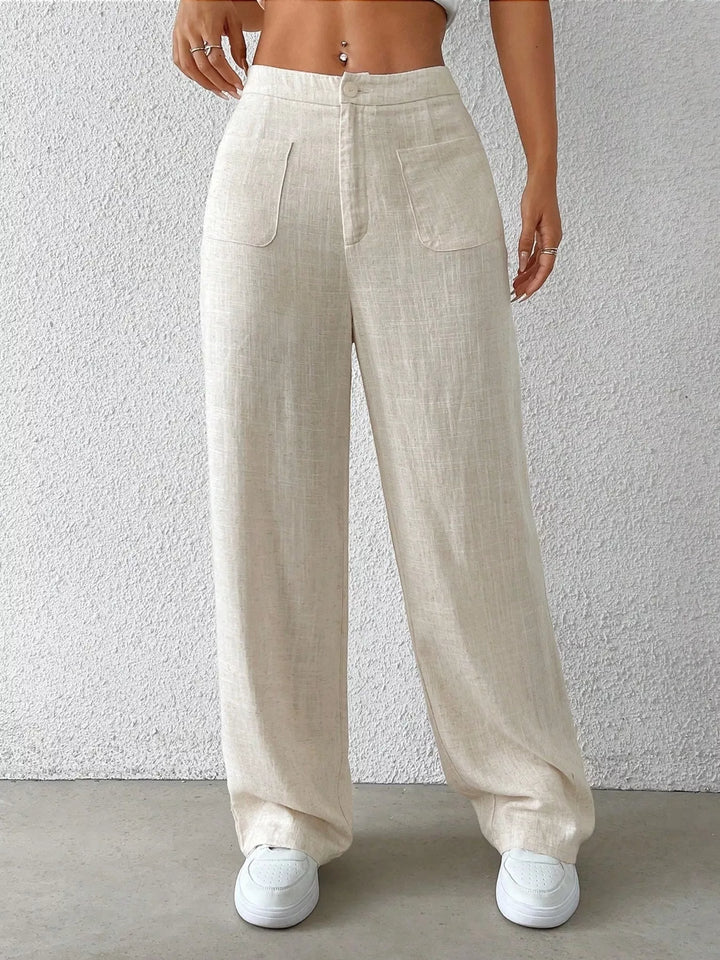 High-rise wide-leg linen blend pants with patch pockets