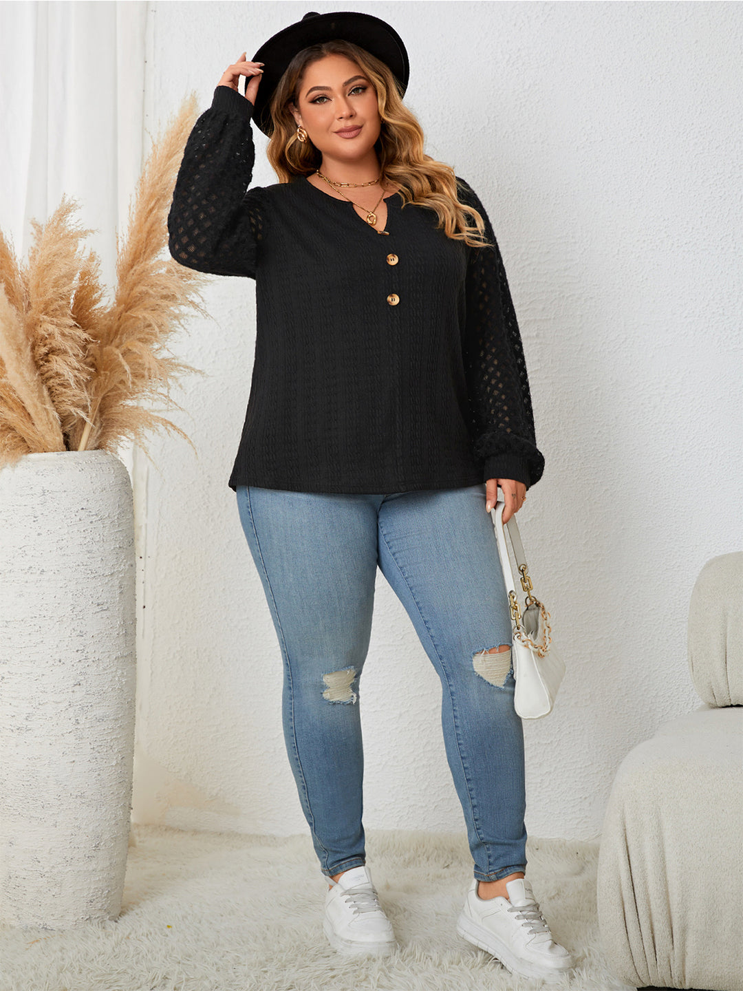Openwork sleeve notched button-front plus size blouse
