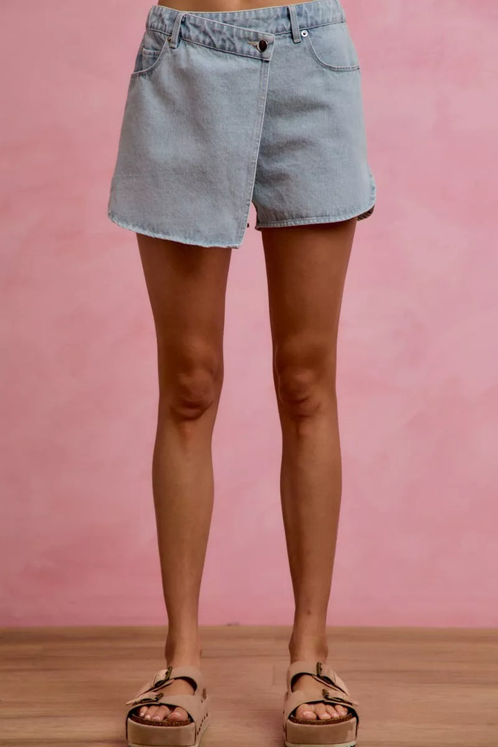 Wrap-front washed denim skort with pockets
