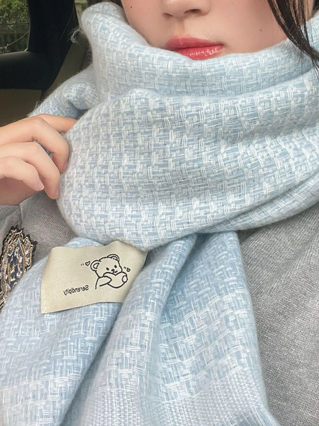Blue Basketweave texture oversized winter scarf with raw fringe hem