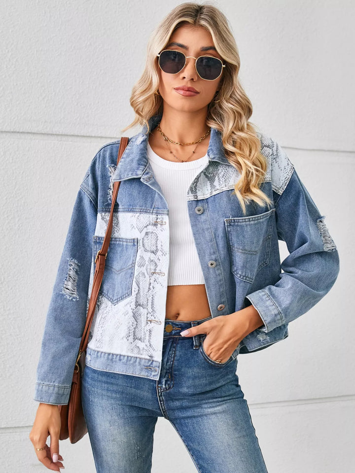 Distressed animal print cropped denim jacket