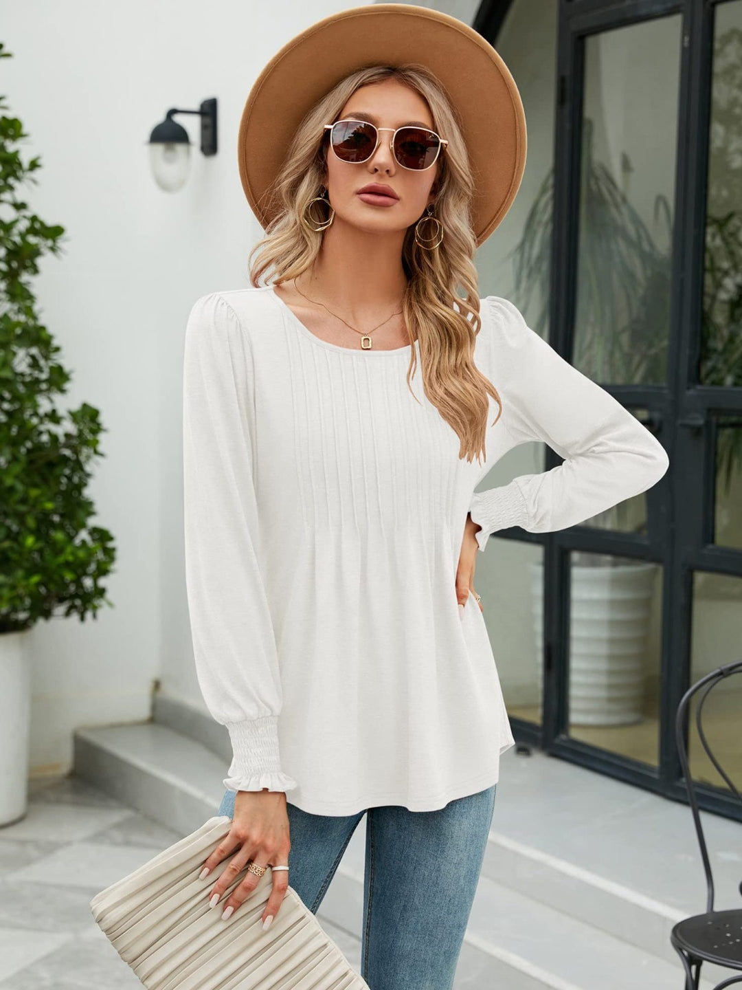 Pleated front lantern sleeve blouse with smocked cuffs