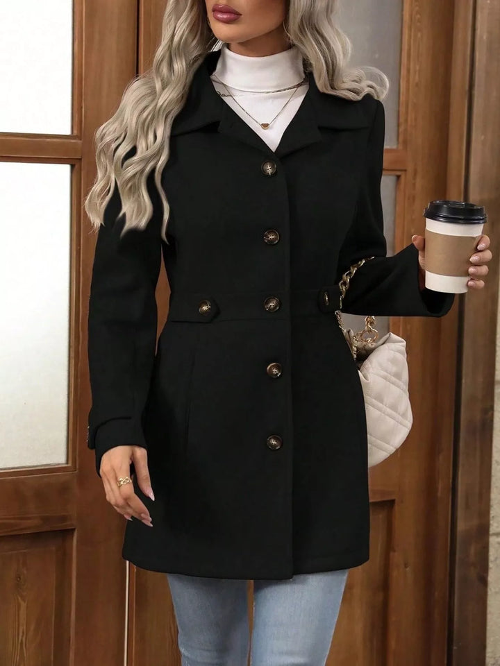 Notched lapel button-up coat with waist tabs