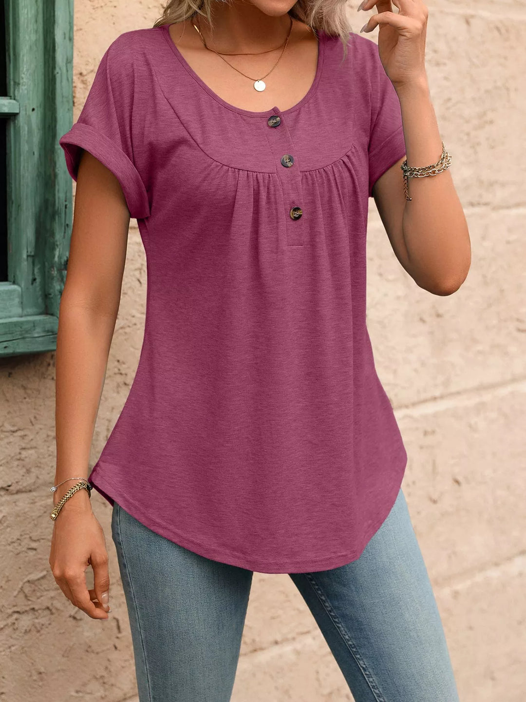 Burgundy Ruched button-placket henley top with cap sleeves