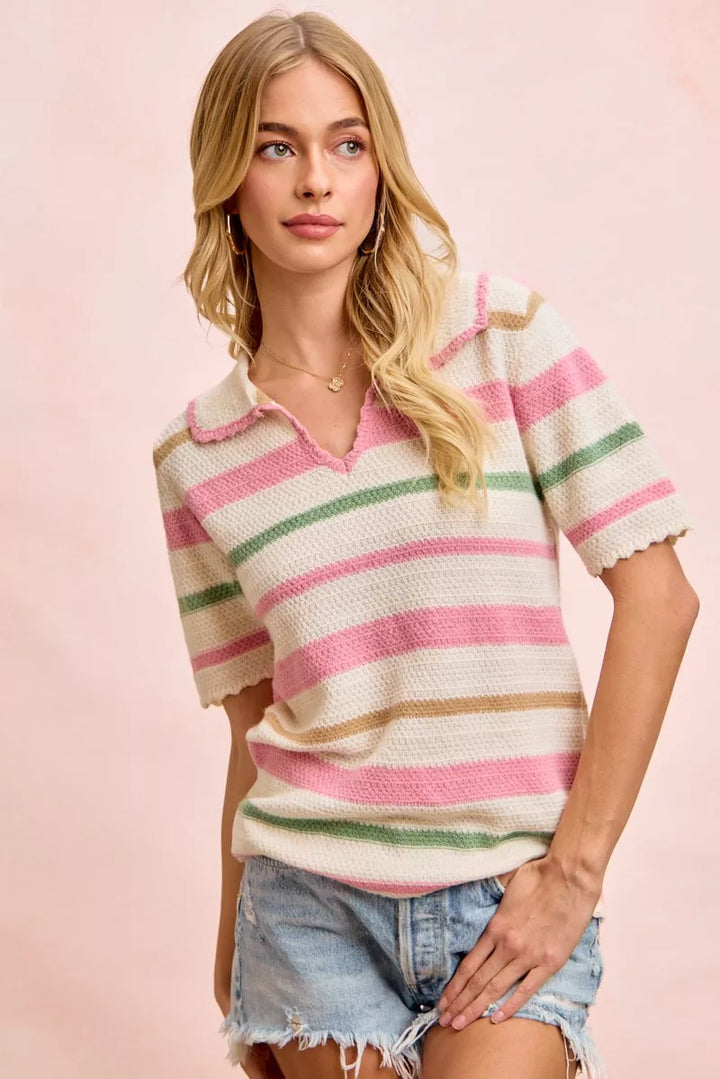 Striped scalloped-trim collared knit polo top
