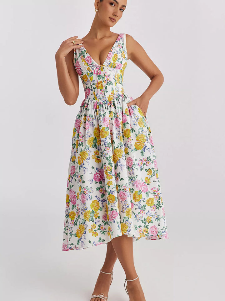 Sleeveless V-neck midi dress with fitted bodice and pockets
