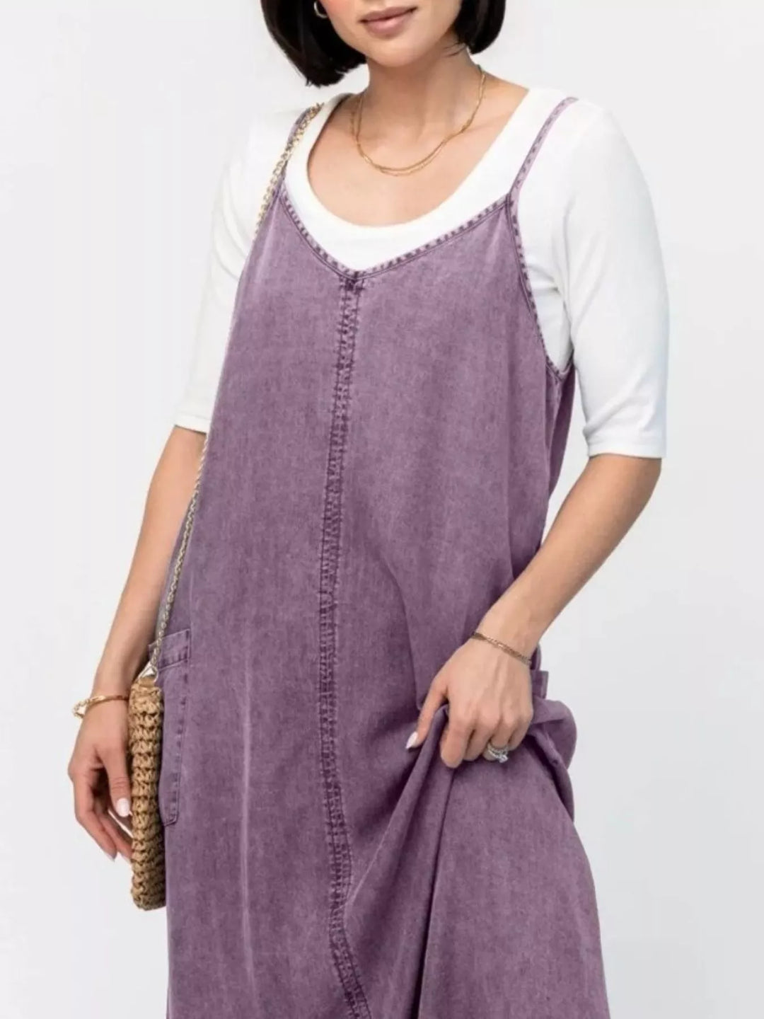 Washed denim cami maxi dress with side pockets