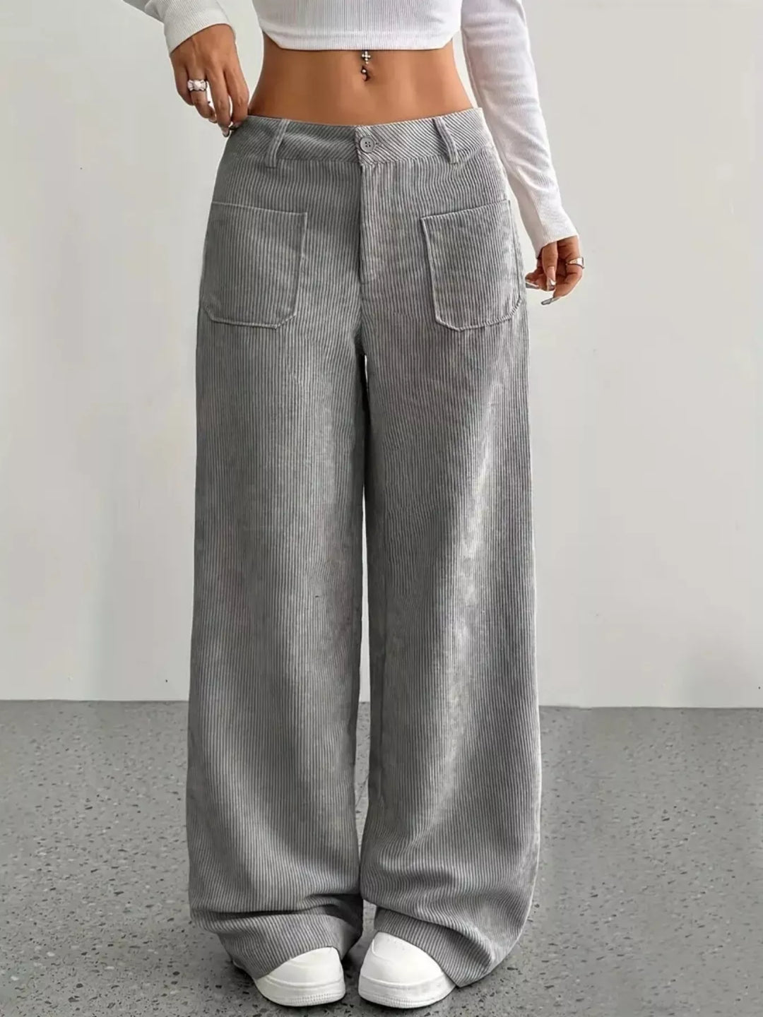 Grey Wide-leg corduroy pants with front patch pockets